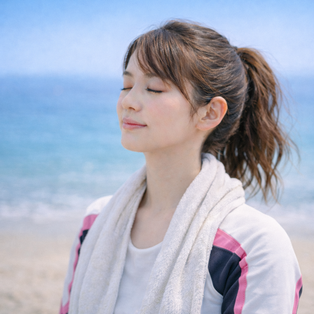 体験後にタオルを肩にかけて落ち着く女性ダイバー