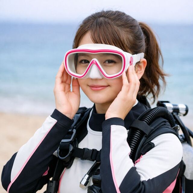 初心者の女性が一人参加でも周囲と同じ流れで、落ち着いてダイビング準備をしている様子