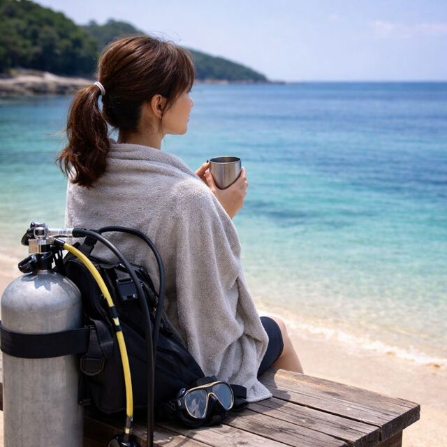 一人でダイビングに参加し、落ち着いて準備をしている女性の様子