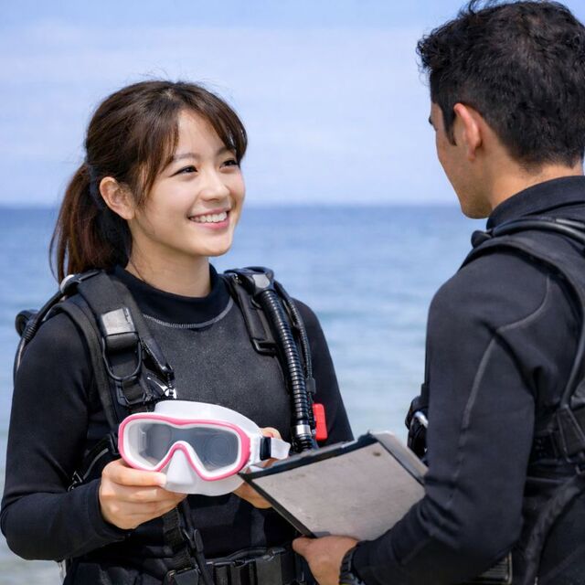 体験ダイビングの準備中に女性初心者と横並びで説明するインストラクター