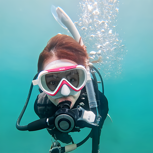 体験ダイビング中は、インストラクターが常にすぐそばでサポートします。 深く潜ることよりも「怖くなかった」「楽しかった」と感じてもらえることを大切にしています。