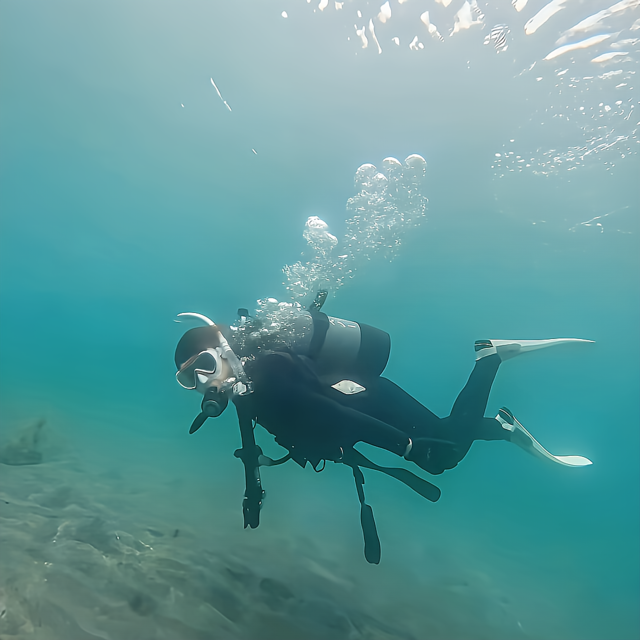 初めての体験ダイビングを終えた参加者が、沖ノ島の海中でインストラクターと一緒に泳ぐ様子。不安が和らぎ、楽しさを感じている瞬間。