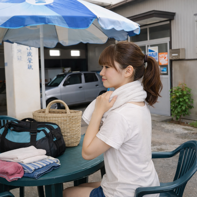 体験ダイビング後に落ち着いて準備や片付けをしている自然な様子