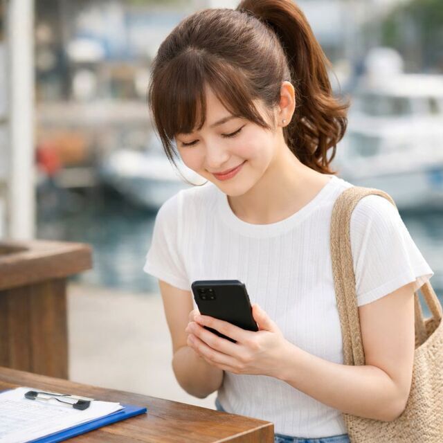 初めてダイビングショップに到着し、少し緊張しながら受付に向かう女性