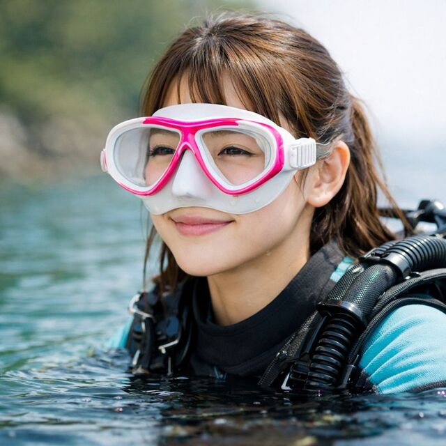 浅瀬で呼吸の練習をしながら落ち着いて準備をする初心者の女性ダイバー