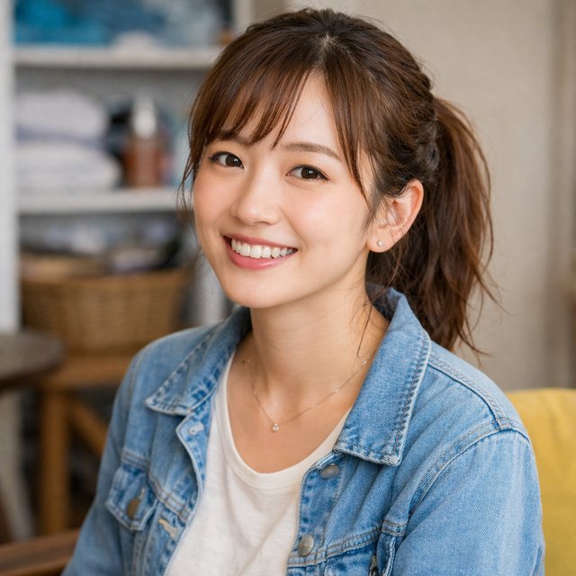 ダイビング後に私服へ着替え、髪が少し湿った自然な状態で落ち着いて過ごしている女性