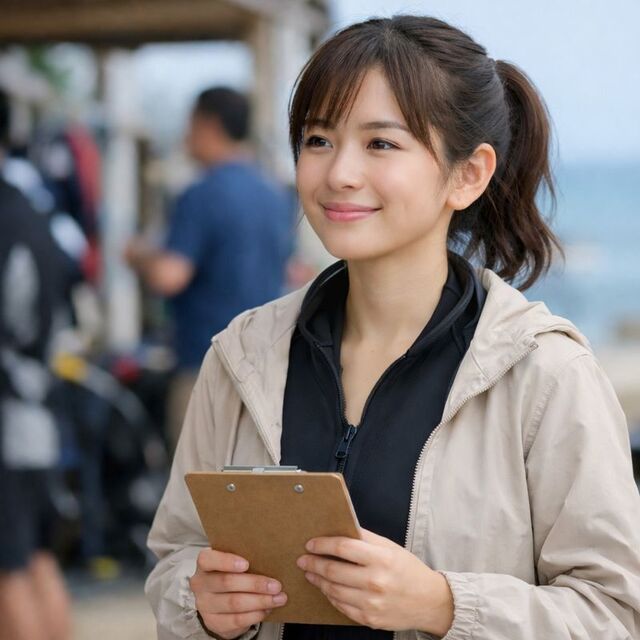 体験ダイビングのあと、ライセンスを取るか迷いながら立ち止まって考えている女性の後ろ姿