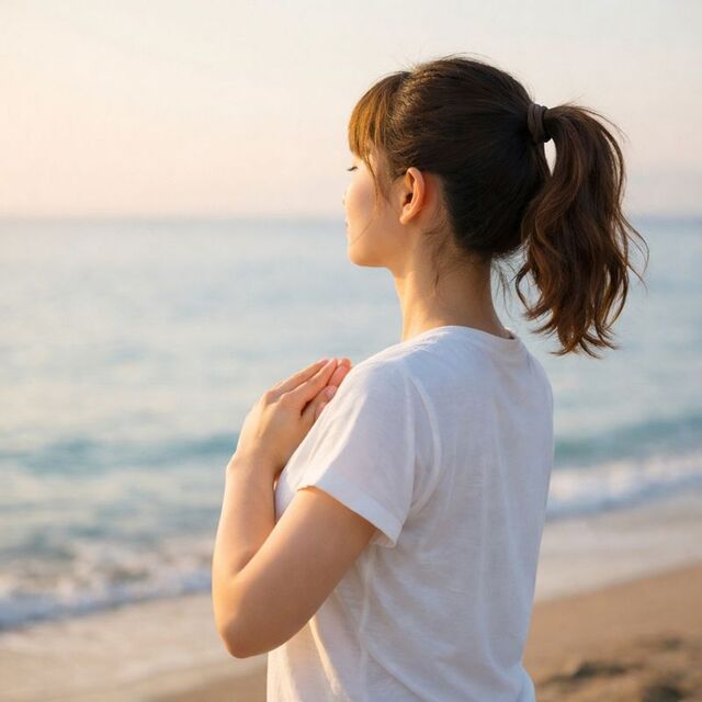 ダイビング前に海を見ながら落ち着いて気持ちを整える女性