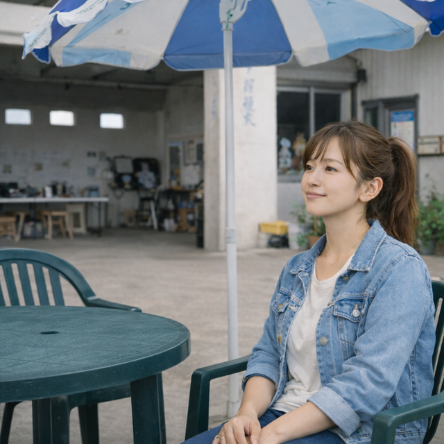ダイビング前後に屋外の休憩スペースで一人でも落ち着いて過ごしている女性の様子