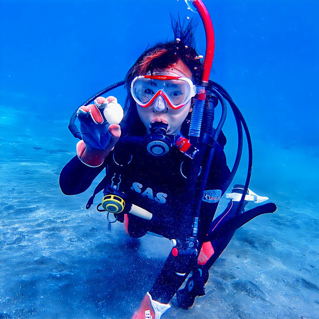 女性一人参加でも自然に溶け込める沖ノ島のダイビング風景。インストラクターが近くで見守りながら、落ち着いた雰囲気の中で安心して潜っている様子。