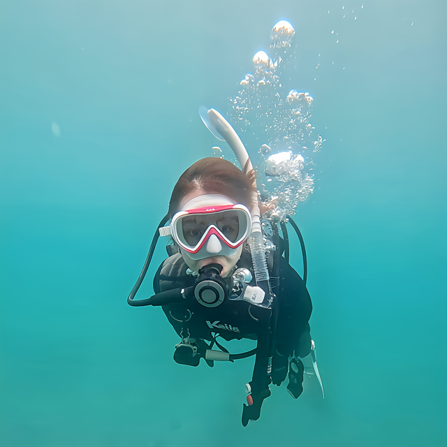 一人でダイビングに参加した女性が、沖ノ島の海中でゆったりと泳いでいる様子。誰かに合わせることなく、自分のペースで海を楽しんでいる自然な水中シーン。