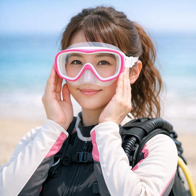 砂浜でマスクを装着しフィット確認をする女性ダイバー