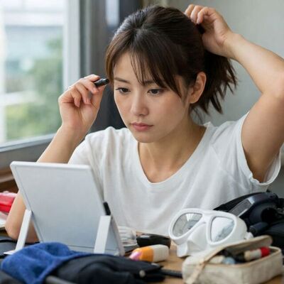 一人参加でダイビングに来た初心者の女性が、周りを気にしながら準備をしている様子
