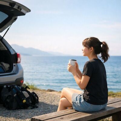 ダイビング後に緊張がほどけ、落ち着いた表情で過ごしている初心者の女性